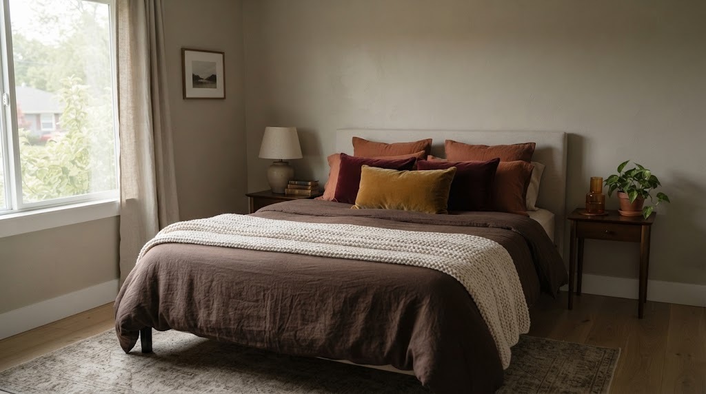 Bed with chocolate brown duvet, rust and burgundy pillows and a cream knit throw