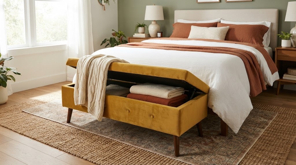 Bedroom makeover ideas: mustard velvet storage bench at the foot of a bed