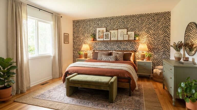 Bedroom makeover ideas in one room: zebra print accent wall, rust bedding, sage dresser, pleated lamps, bench and long curtains