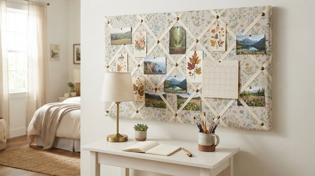 Floral fabric bulletin board with ribbon holding postcards and pressed leaves