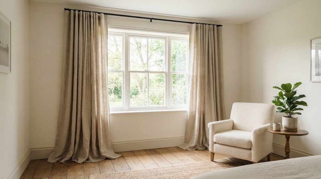 Floor length linen curtains hung high and wide on a bedroom window