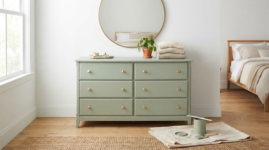 Old dresser painted sage green with brass knobs under a round mirror