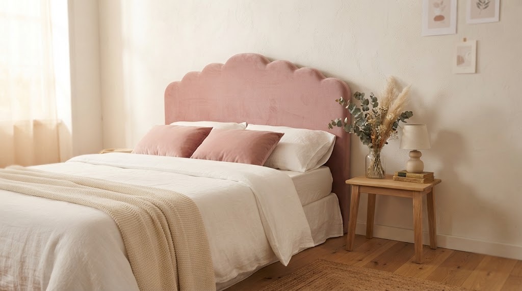 Bedroom makeover ideas: dusty rose scalloped upholstered headboard