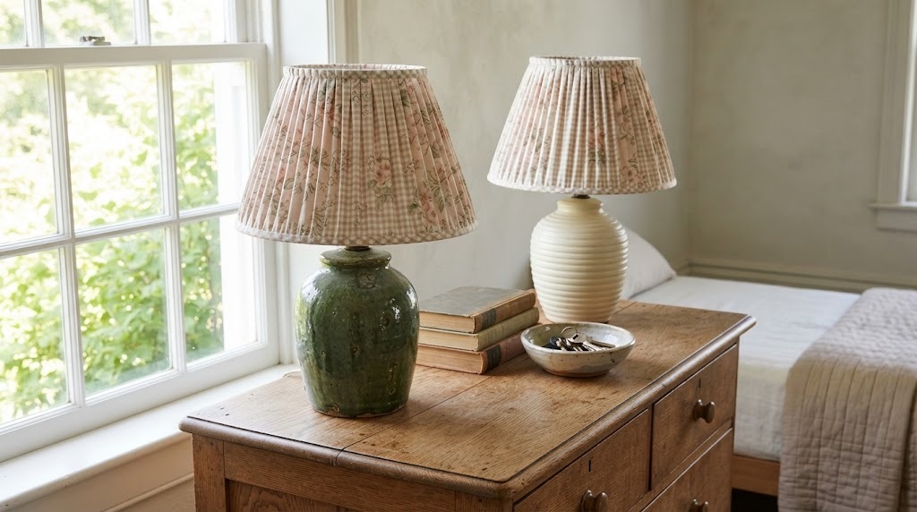 Two thrifted ceramic lamps with pleated floral and gingham shades on a dresser