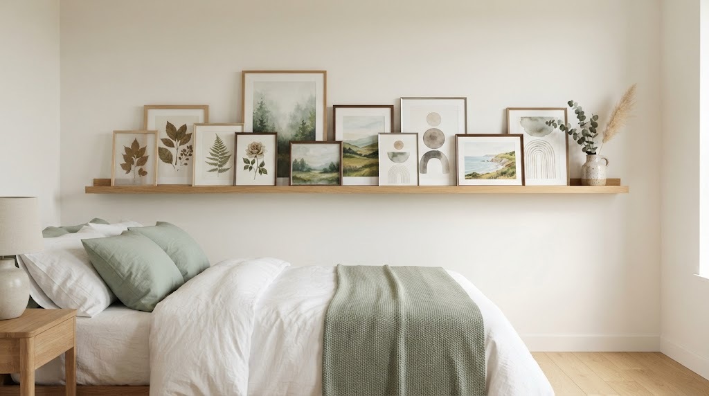 Bedroom makeover ideas: picture ledge above a bed with framed botanical prints