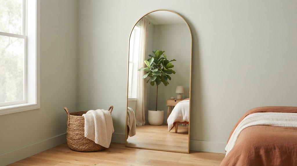 Tall arched floor mirror leaning in a bright bedroom corner