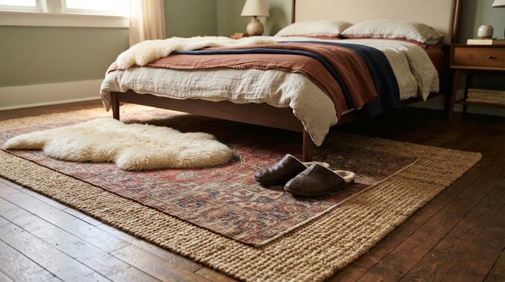 Layered jute and patterned rugs beside a bed with a faux sheepskin