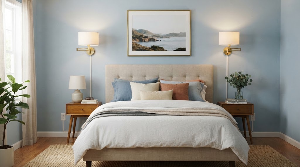 Plug in wall sconces with fabric shades on each side of a bed on a blue wall