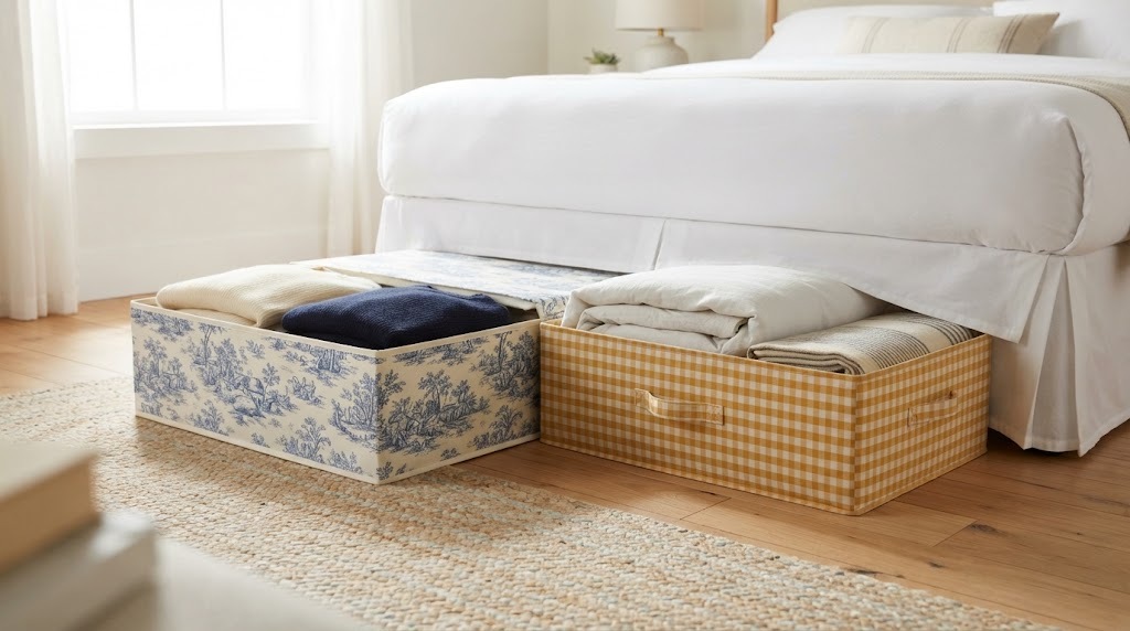 Toile and gingham fabric covered storage boxes under a bed
