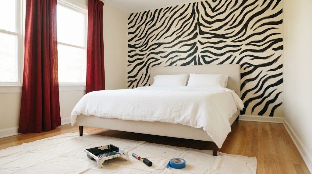 Bold painted zebra style accent wall behind a white bed with a red curtain