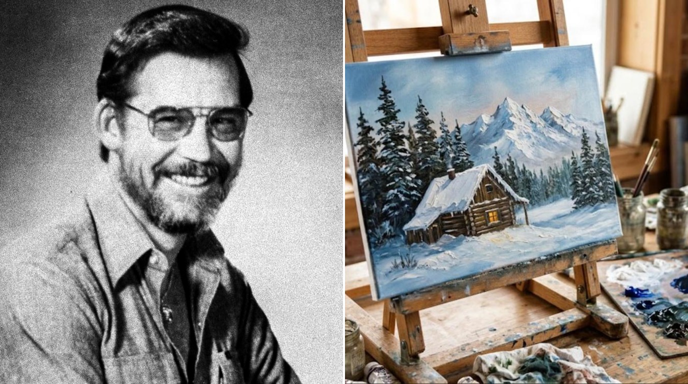 Bob Ross winter paintings: Bob Ross beside a snowy cabin oil painting on an easel