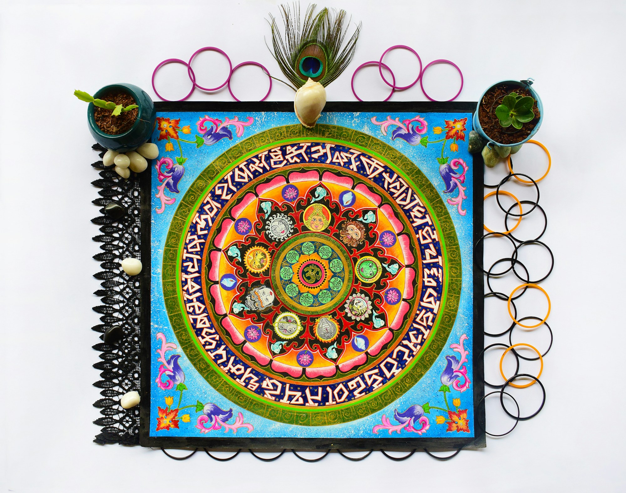 Colorful boho mandala made of dots and petals