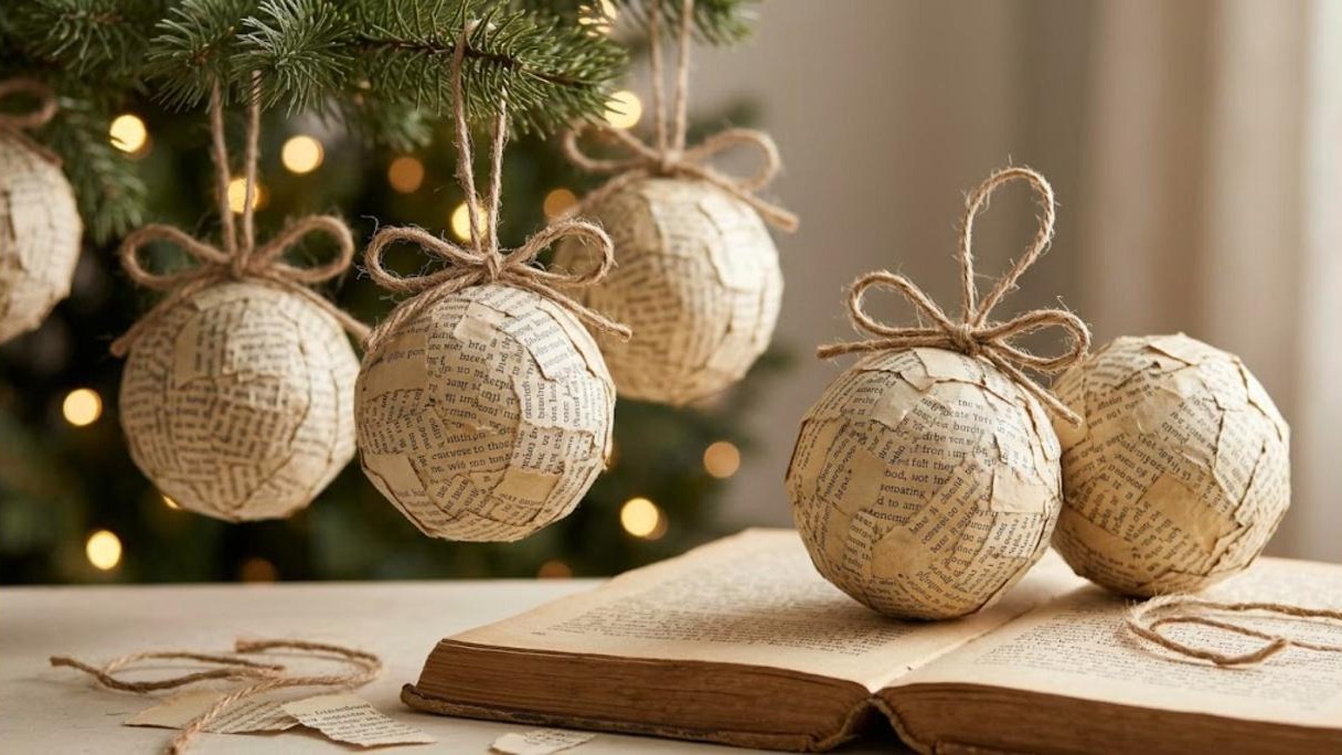 Ornaments covered in torn old book pages with twine bows, hanging on a tree and resting on an open book