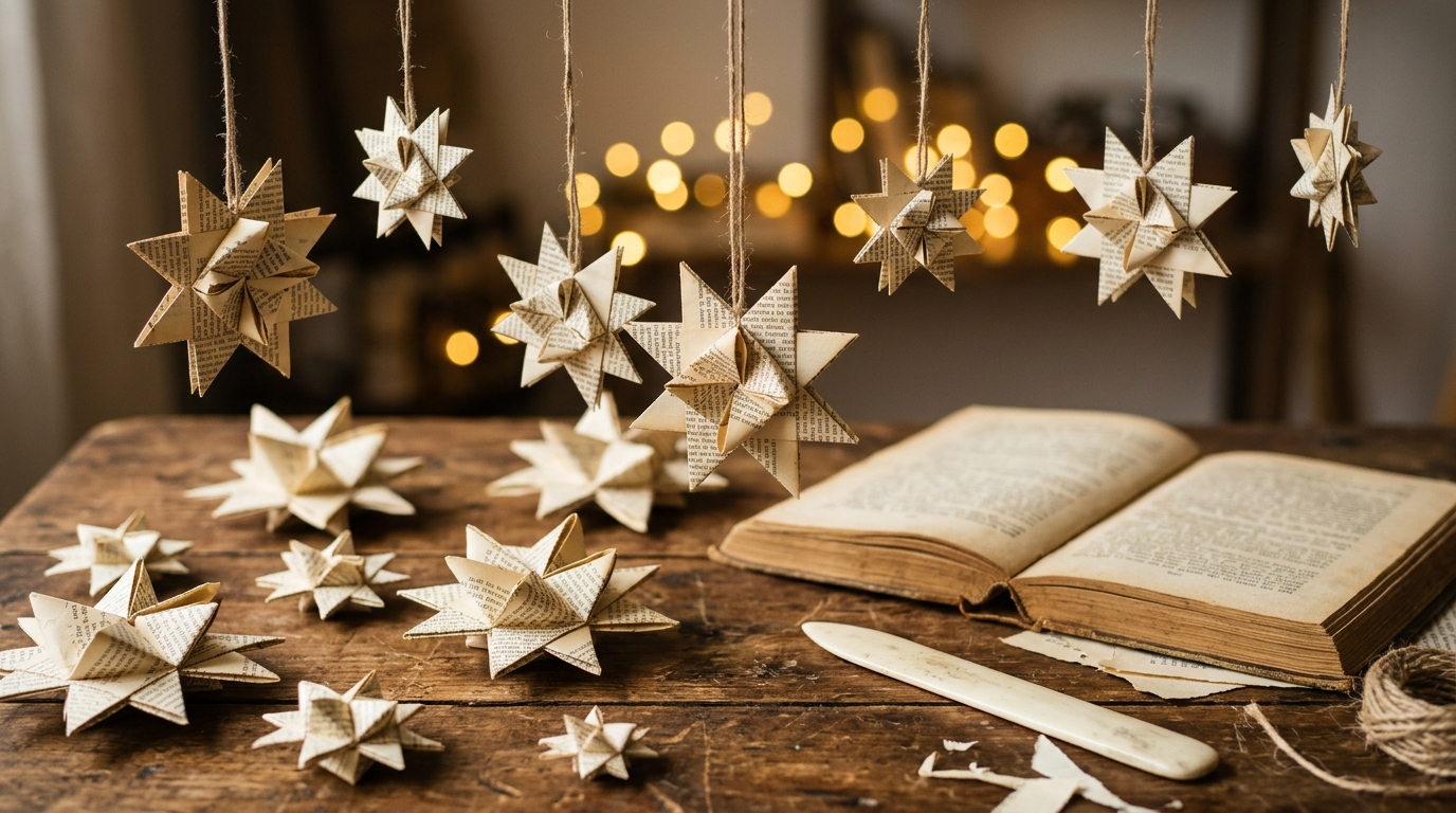 Folded paper stars made from old book pages hanging on twine and lying on a wooden table