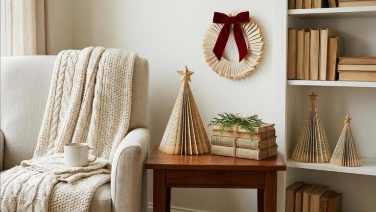 Old book Christmas crafts folded book page trees in three sizes on a white shelf