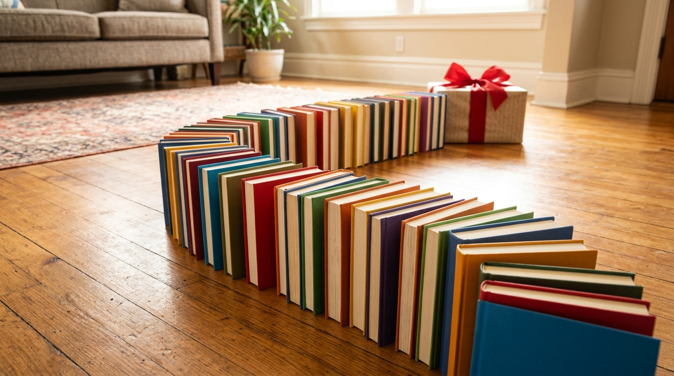 Long curving line of colorful hardback books standing on end like dominoes toward a present