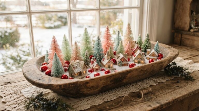 Bottle brush trees: pastel and green mini trees with faux snow, tiny houses and red ornaments in a wooden dough bowl