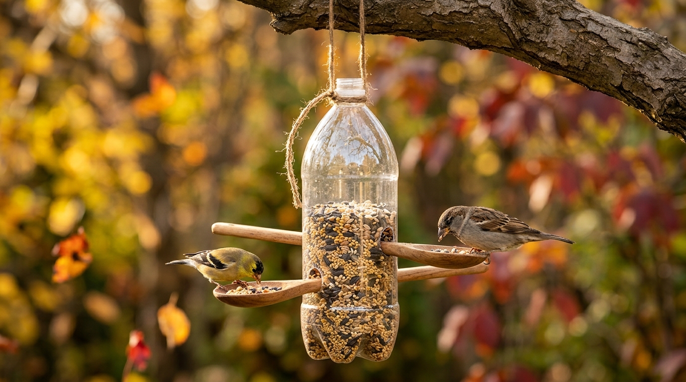 Plastic bottle bird feeder with wooden spoon perches, a classic of DIY bird feeders