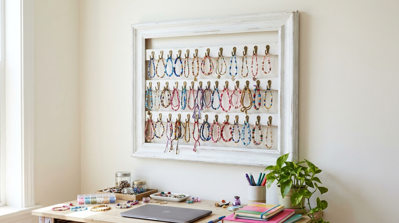 Picture frame bracelet display board with hooks