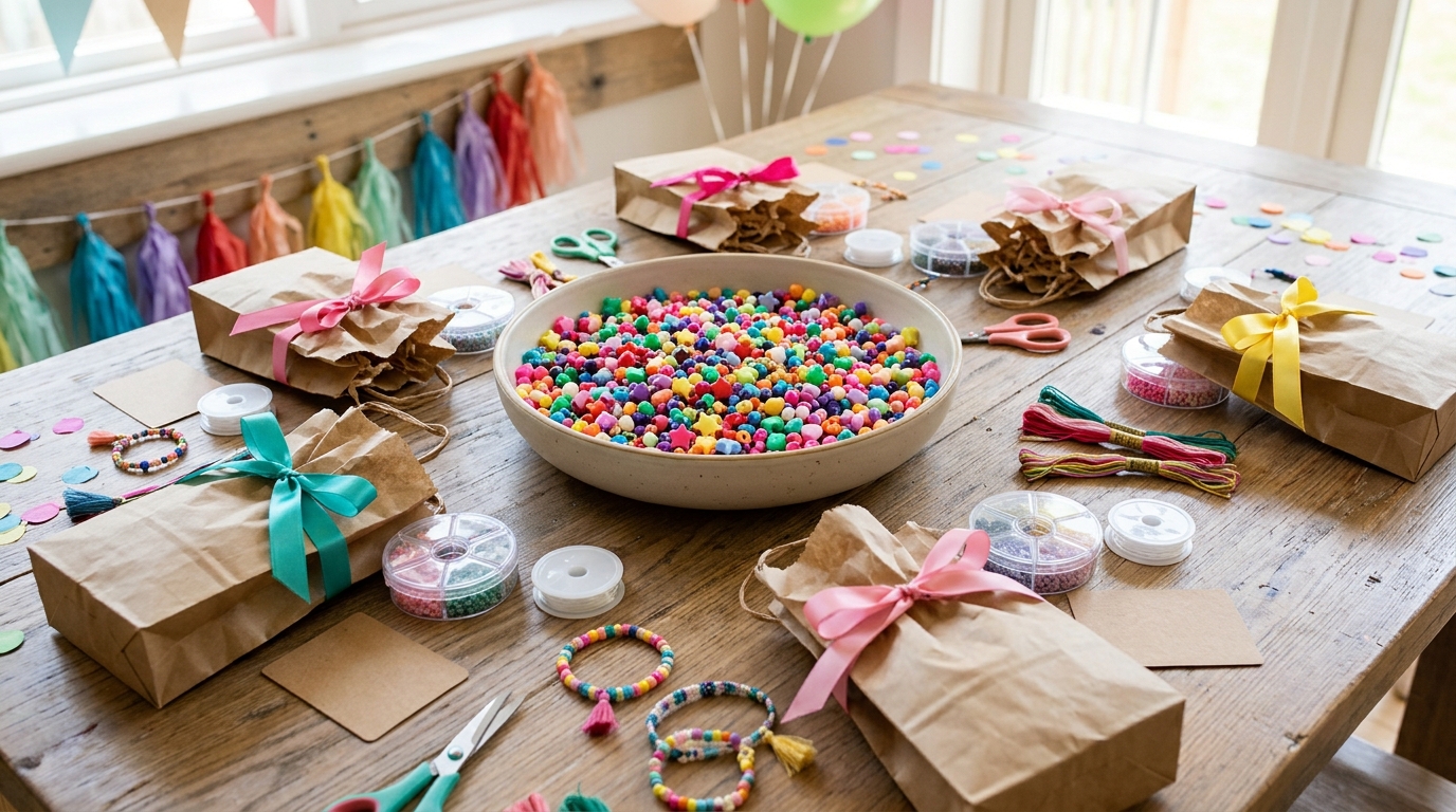 Taylor Swift friendship bracelets party kit with a bowl of beads and gift bags