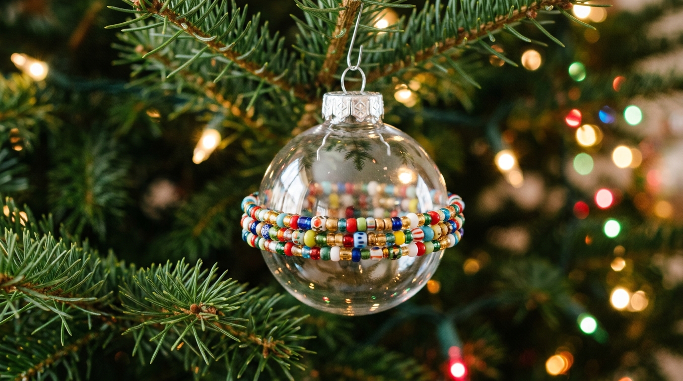 Taylor Swift friendship bracelets wrapped around a clear ornament on a Christmas tree