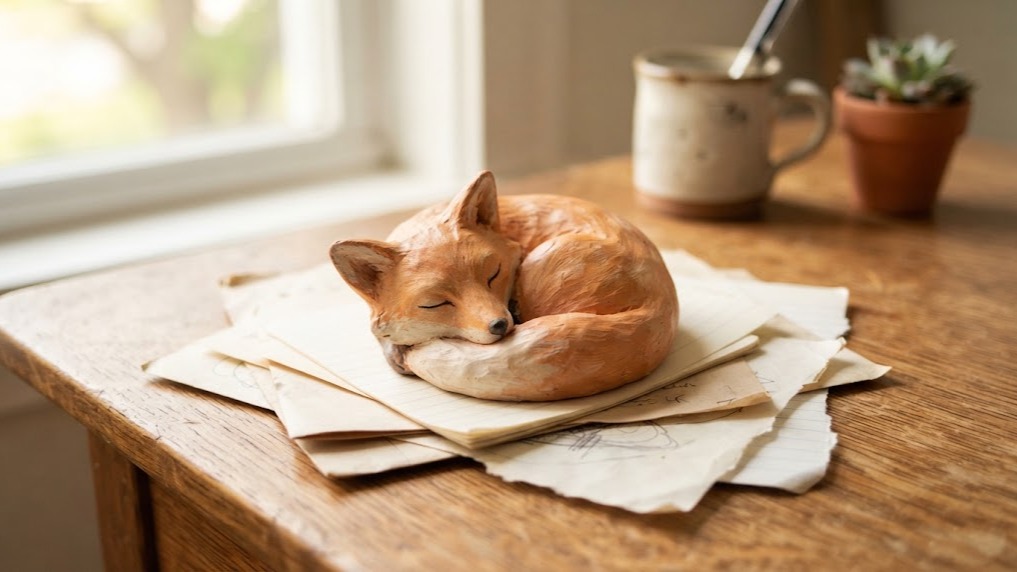 Brad Pitt sculpture inspired clay paperweight shaped like a sleeping fox on a desk