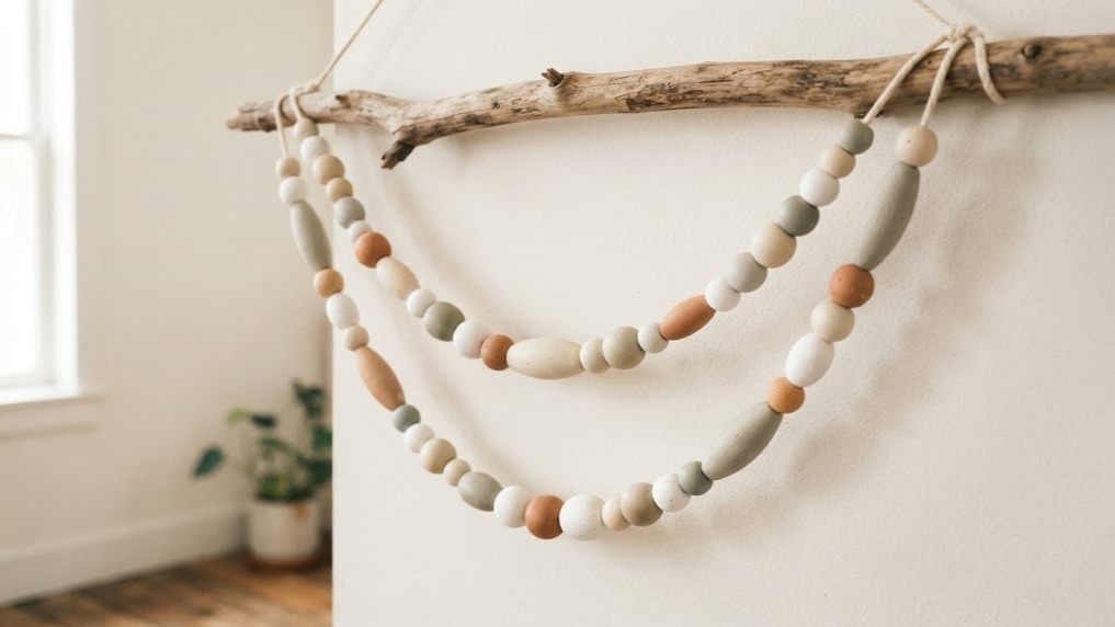 A handmade garland of air dry clay beads in neutral colors draped over a wooden branch