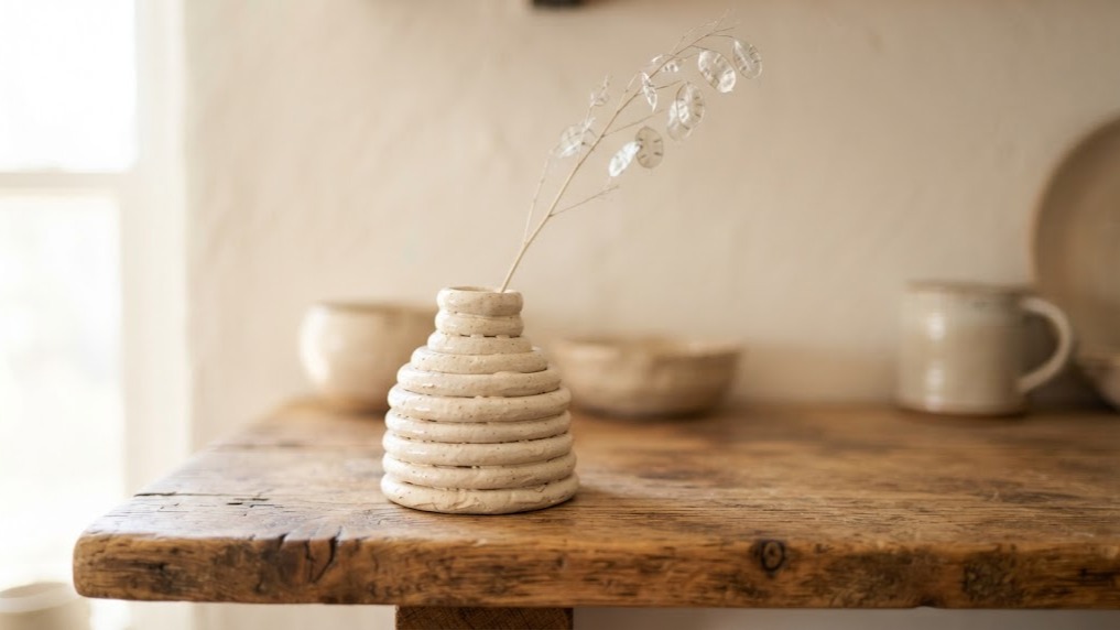 A handmade coil built bud vase in matte cream holding a single dried stem on a wooden shelf