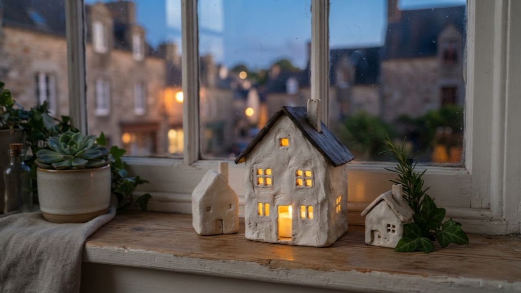 Small handmade white clay houses with cut out windows glowing from a battery tea light on a windowsill