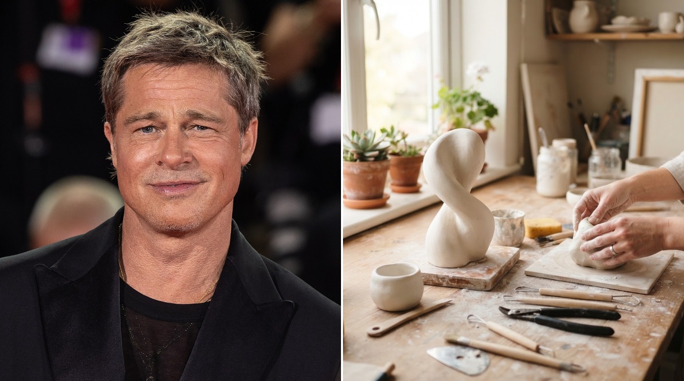 Brad Pitt sculpture inspiration: a photo of Brad Pitt beside a studio table with a white clay sculpture and hands shaping clay