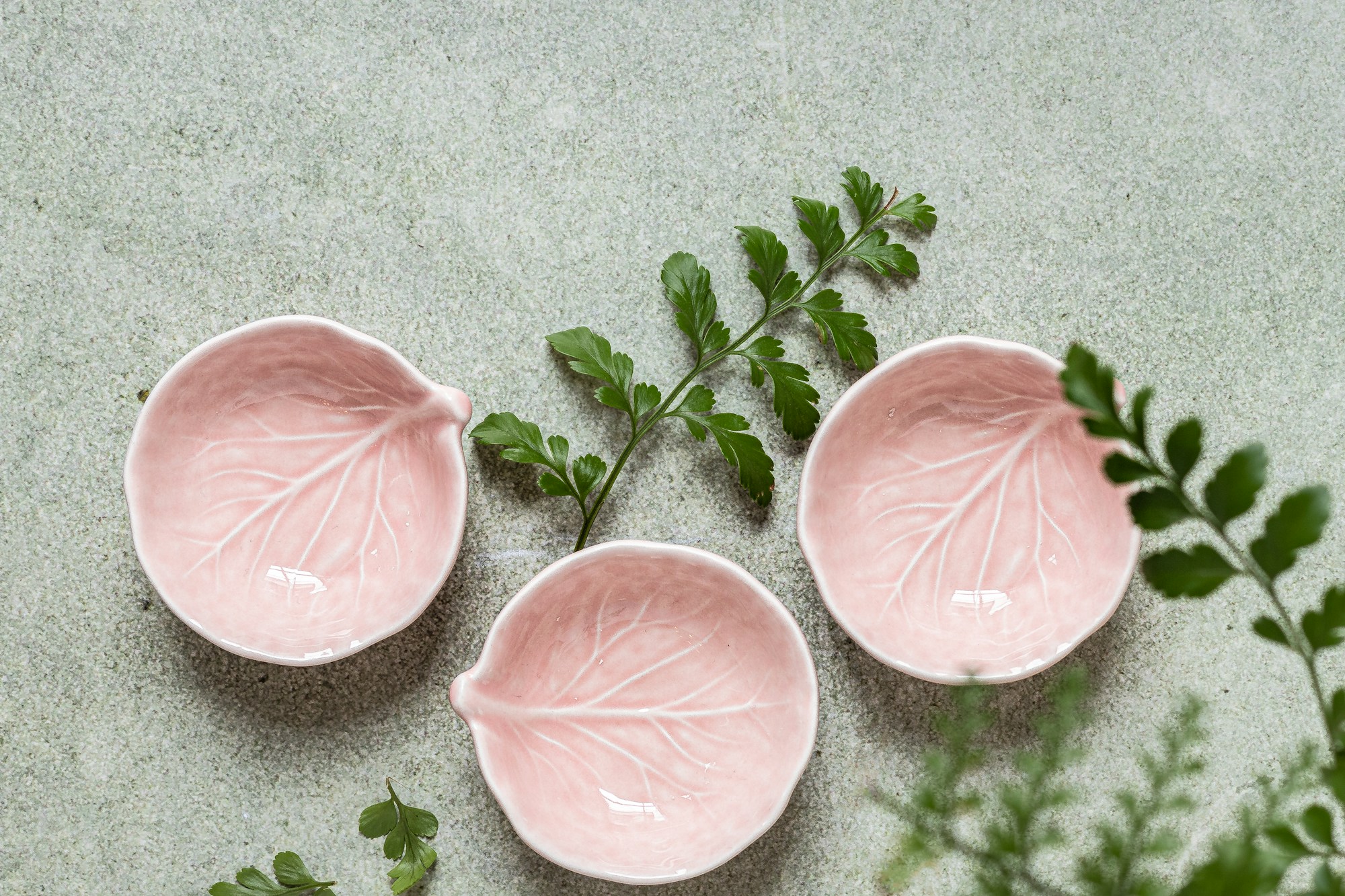 Three pink ceramic leaf shaped dishes on a stone surface with fern leaves