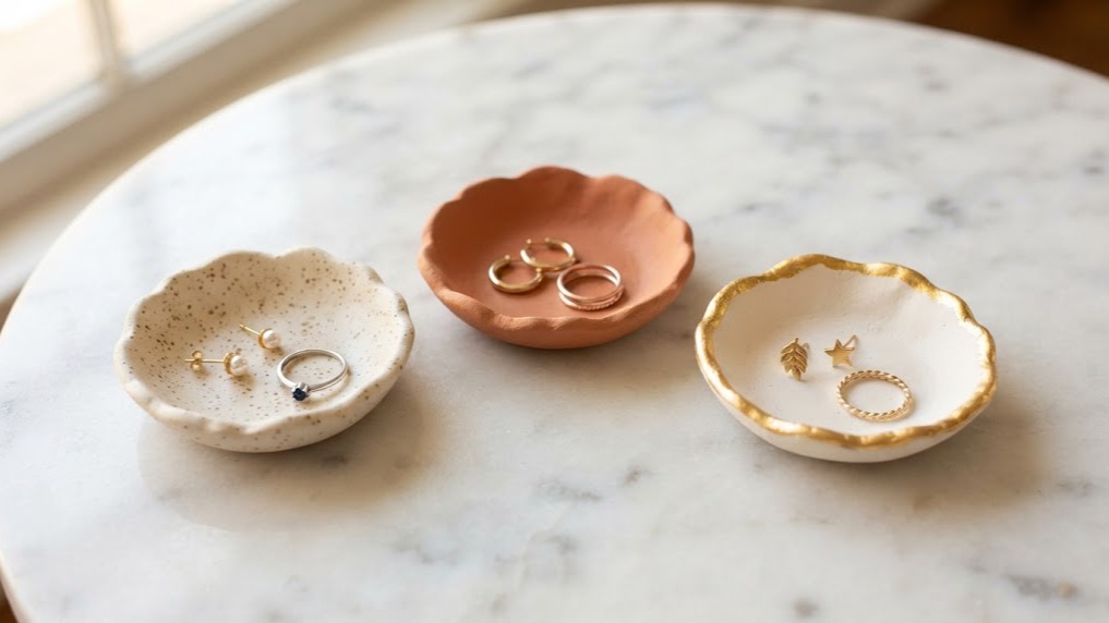 Brad Pitt sculpture inspired pinch pot trinket dishes in cream, terracotta and gold holding rings