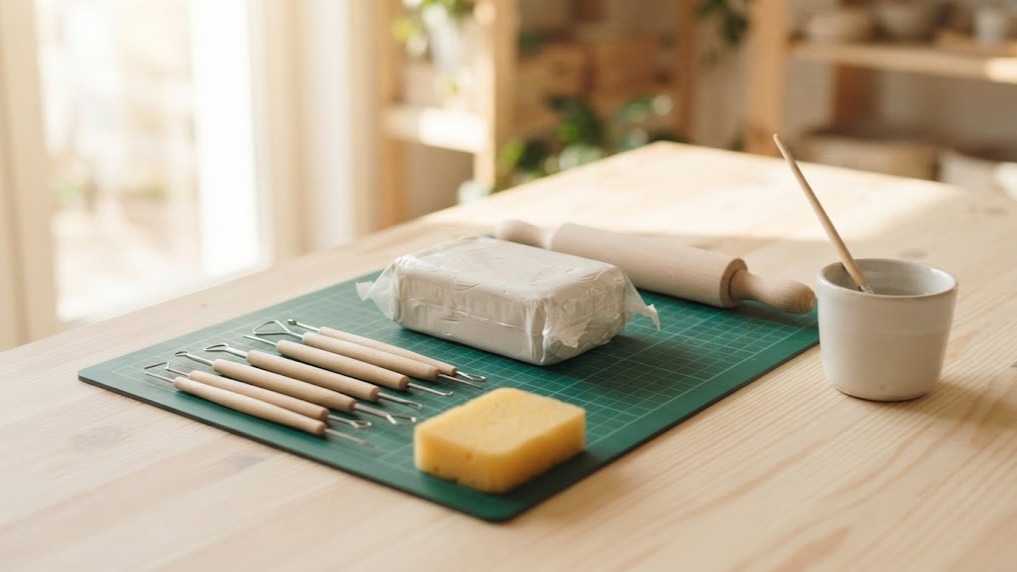 Brad Pitt sculpture style beginner kit with white air dry clay, a rolling pin, sculpting tools and a sponge