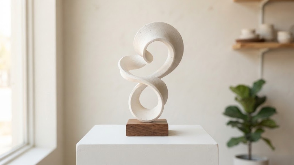 Brad Pitt sculpture inspired abstract white clay twist sculpture on a walnut wood base