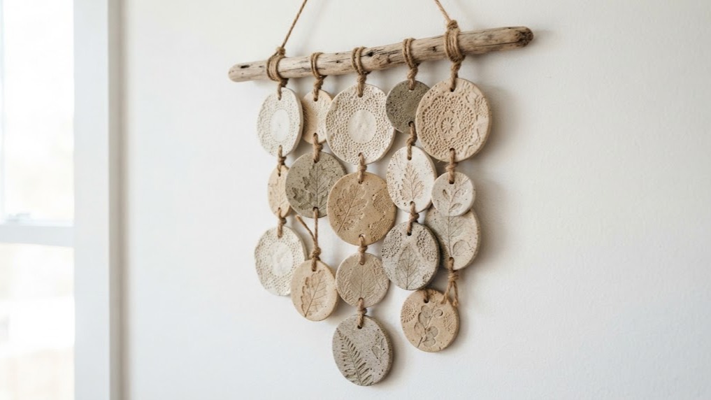 Brad Pitt sculpture inspired textured clay disc wall hanging hung from driftwood
