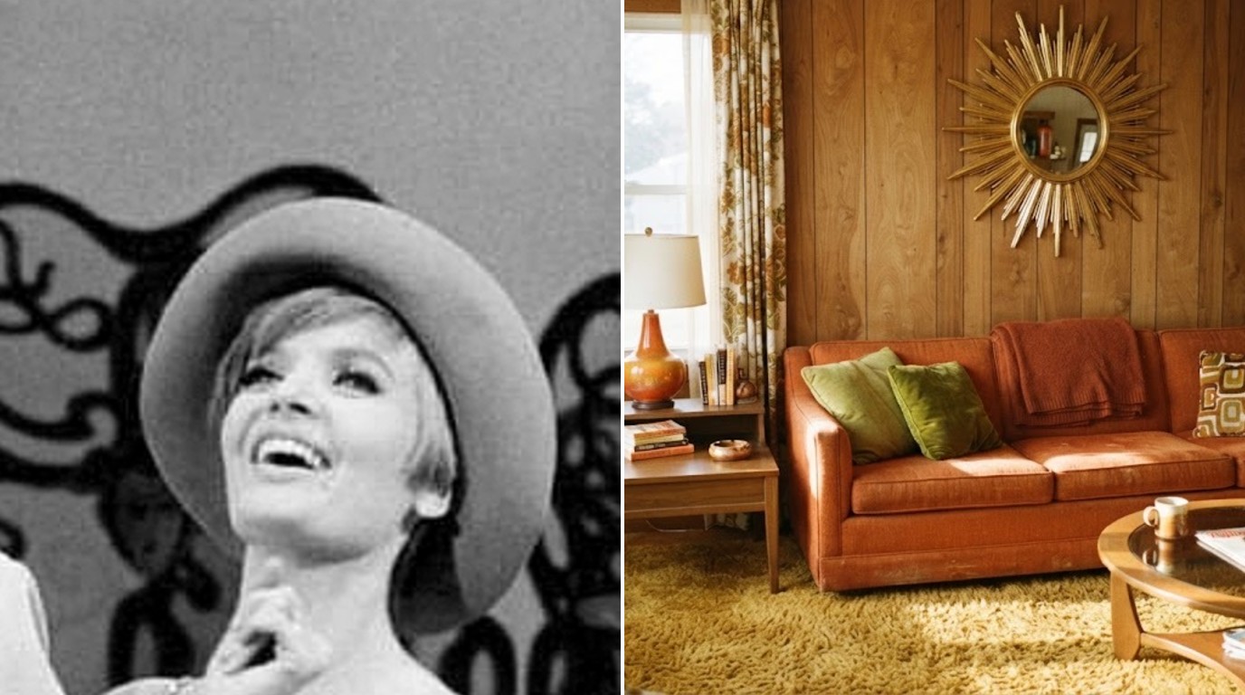 Brady Bunch house decor: Florence Henderson in 1968 beside an AI image of a groovy 1970s living room corner