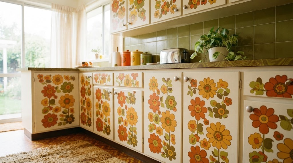 Kitchen cabinet doors painted with cheerful 1970s daisies in orange, yellow and green