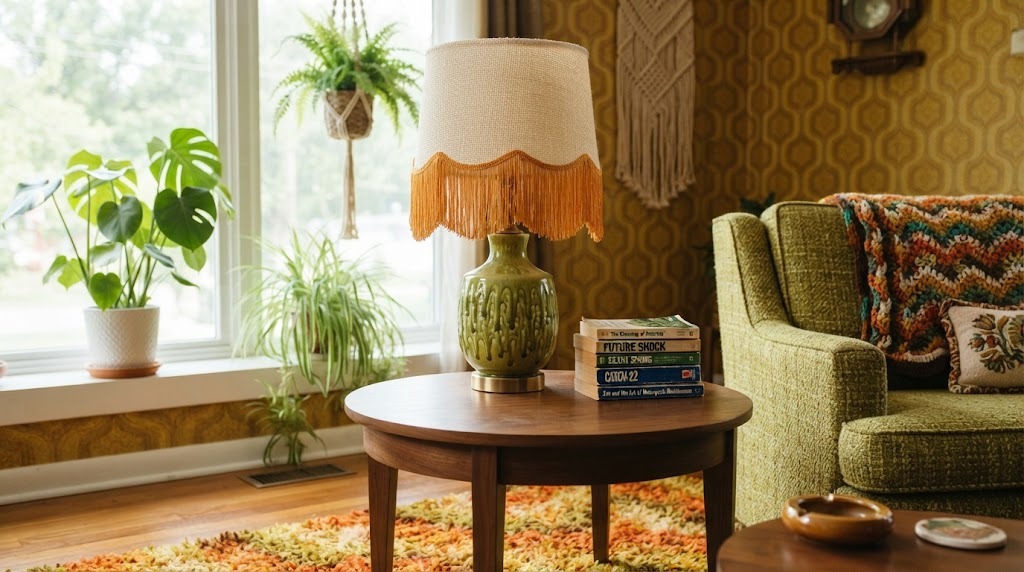Brady Bunch house style avocado ceramic lamp with a cream shade trimmed in orange fringe