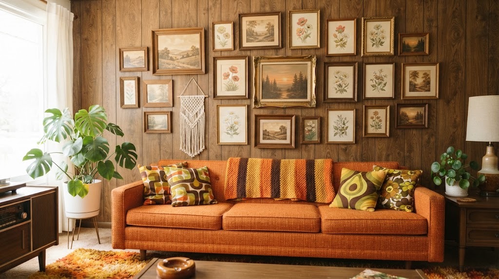 Brady Bunch house style gallery wall of mismatched wood and gold frames on a wood paneled wall