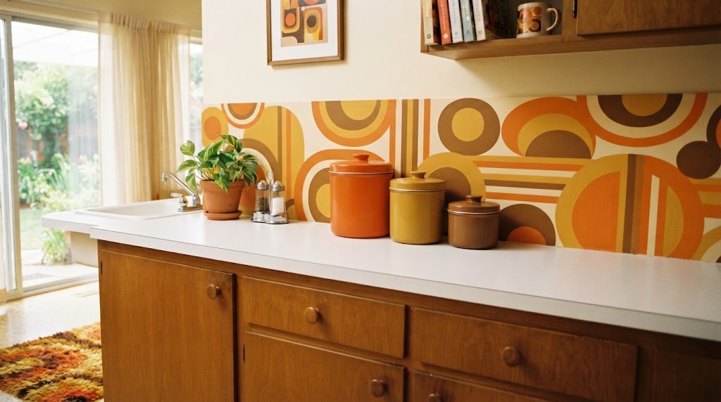 A kitchen backsplash painted with a bold 1970s pattern of orange, mustard and brown circles and stripes