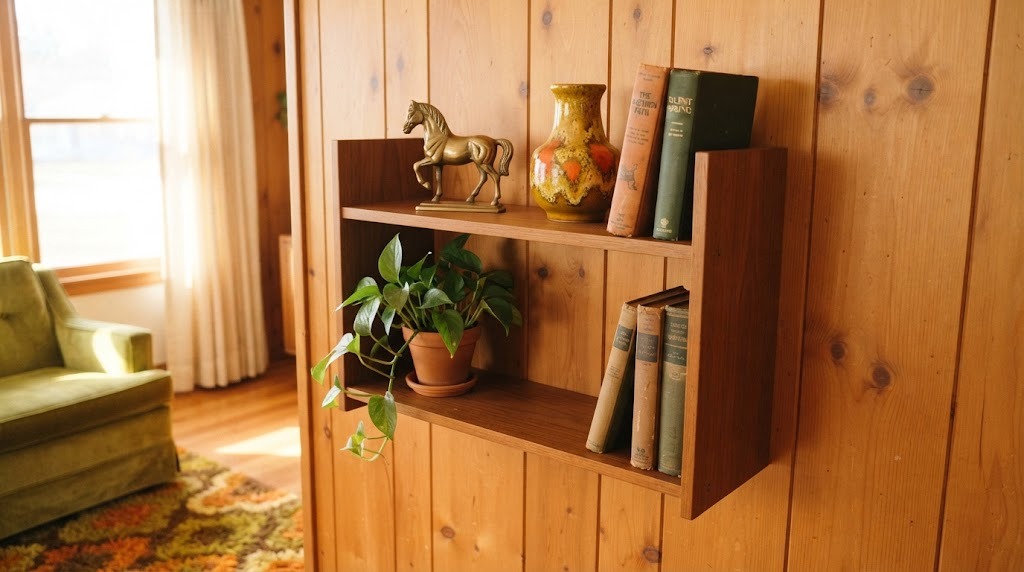 Brady Bunch house inspired shelf with a small brass horse statue, books and mustard and orange vases