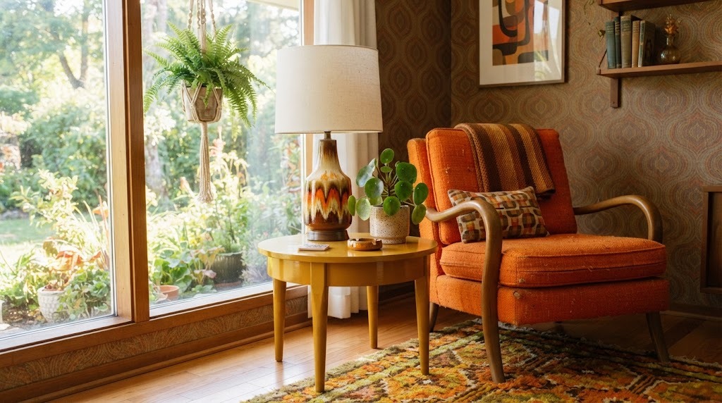 A small round side table painted glossy mustard yellow with tapered legs next to an orange armchair