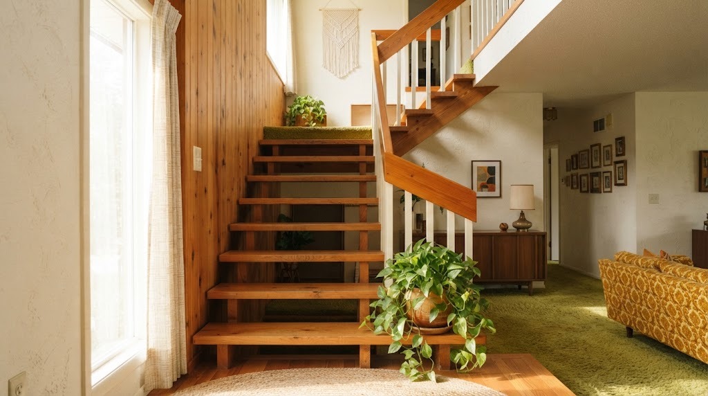 An open riser wooden staircase with painted white spindles in a bright split level home