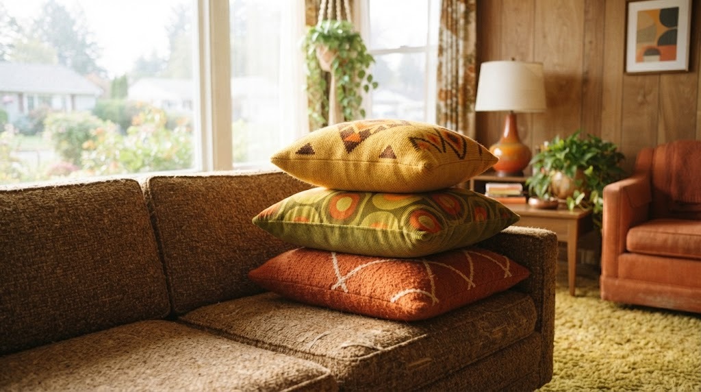 Handmade throw pillows in burnt orange, avocado green and mustard with retro patterns on a tweed sofa