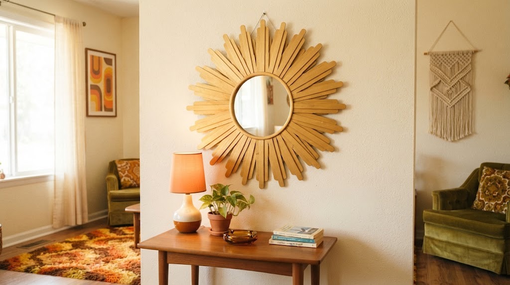 A handmade gold sunburst mirror made from wooden paint stir sticks around a round mirror