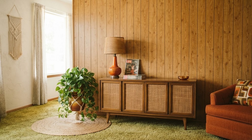 Brady Bunch house look: a honey wood peel and stick plank accent wall in a 1970s style den