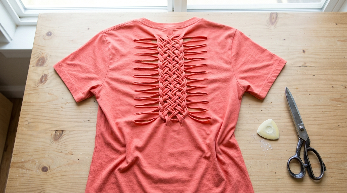 Back of a coral T-shirt with strips cut and braided into a woven panel