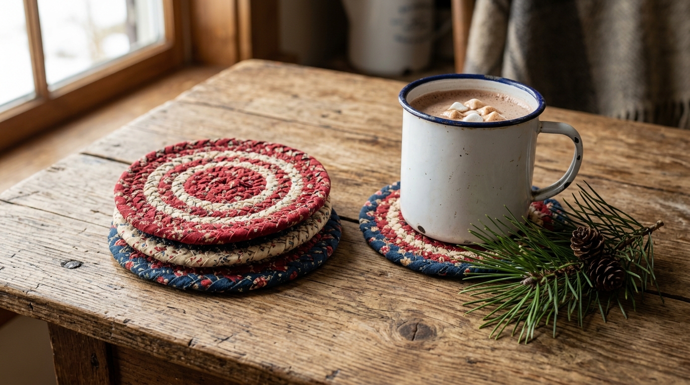 Braided calico rag coasters under an enamel mug of cocoa
