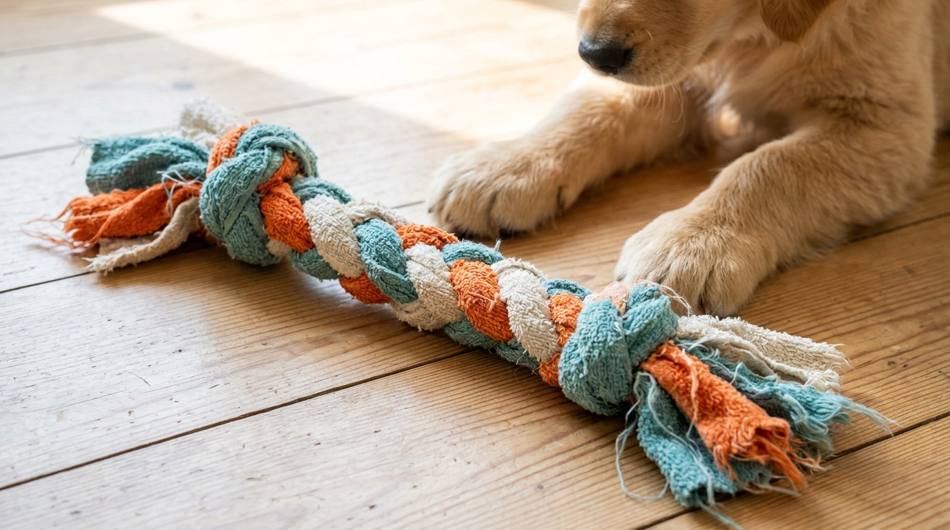 Old towel upcycles for pets: a braided teal, orange and white towel rope toy beside a puppy
