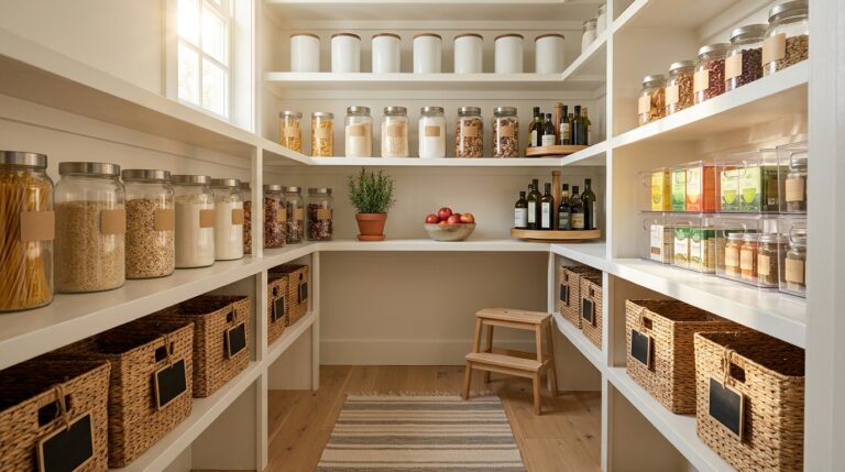 Brilliant organizing ideas: sunlit pantry with clear glass jars, woven baskets with chalkboard tags and a corner turntable